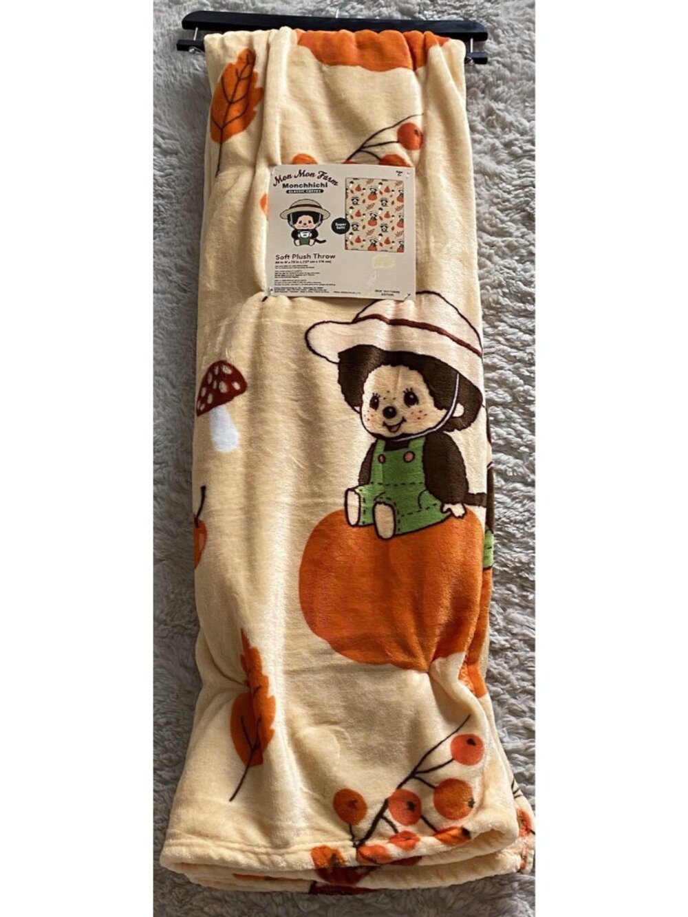 Monchhichi Autumn Fall Pumpkin Harvest Soft Plush Throw Blanket 50” X 70” NEW